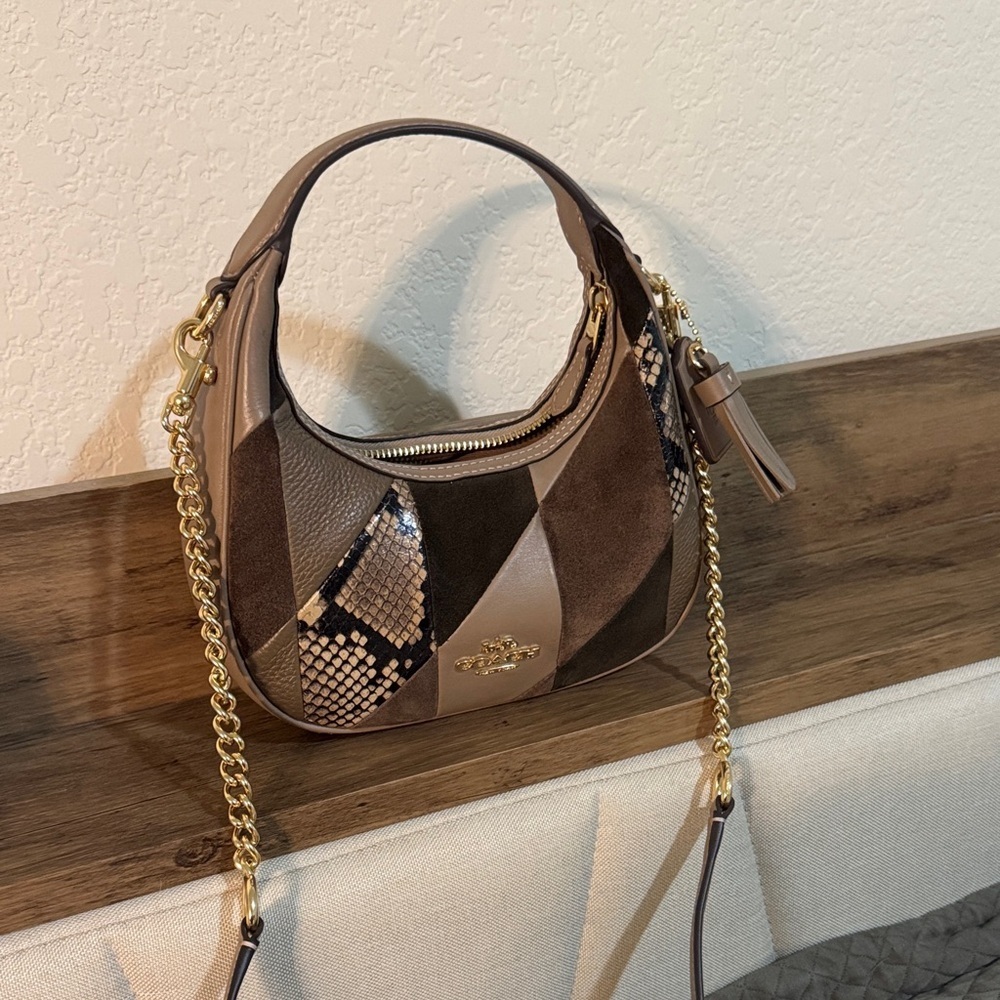 Coach Carmen Mini Crossbody Bag Brown Multi Patchwork Suede Leather
